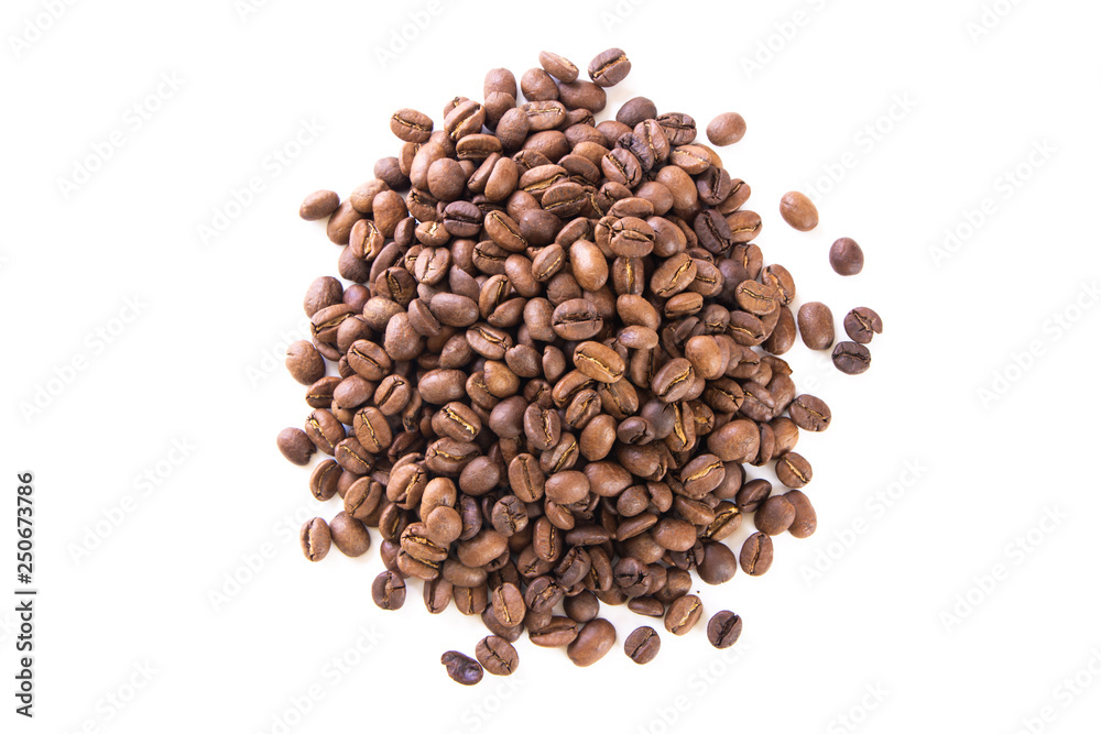 close up bunch of brown Coffee beans isolated on white close up bunch of brown Coffee beans isolated on white