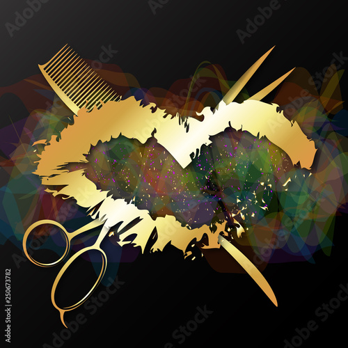 Golden lips and scissors with a comb for a beauty salon
