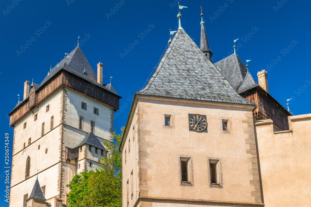 Stone facades of Karlstejn royal castle,  located near of Prague, Czech Republic, Europe.