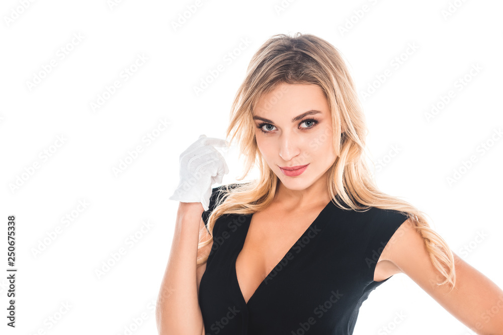 blonde attractive housemaid in black uniform and gloves isolated on white blonde attractive housemaid in black uniform and gloves isolated on white