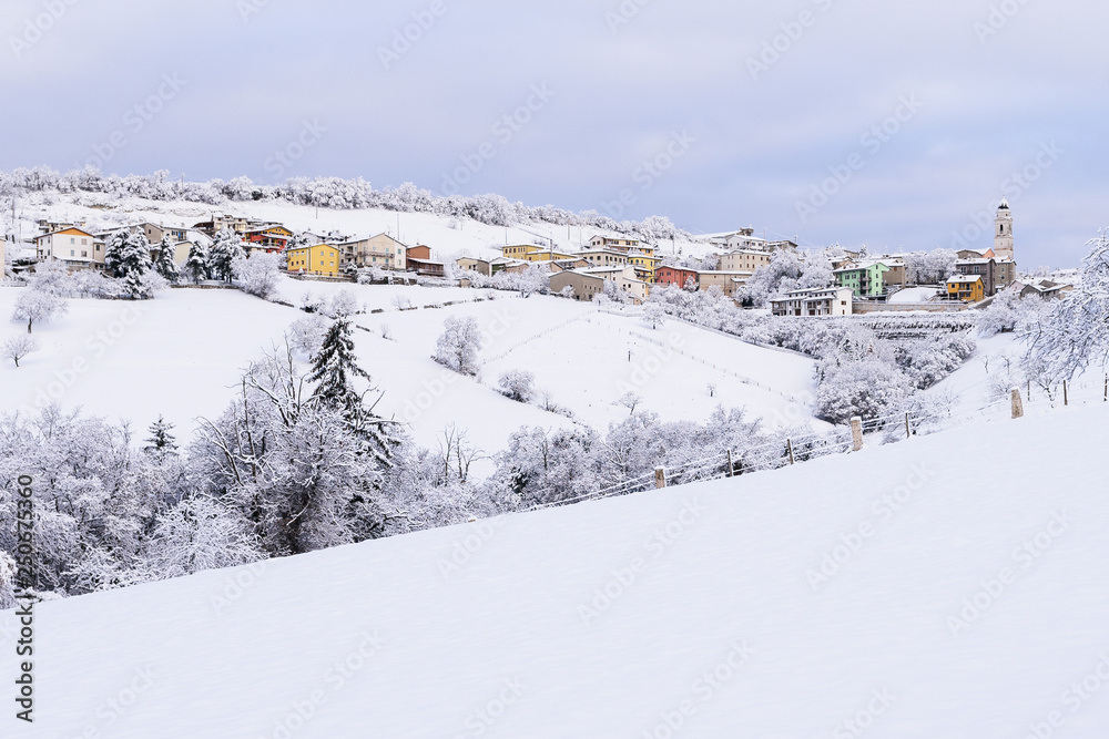 Sant'Anna d'Alfaedo, a small village near Verona, Italy, in the natural park of Lessinia, covered with fresh snow during winter