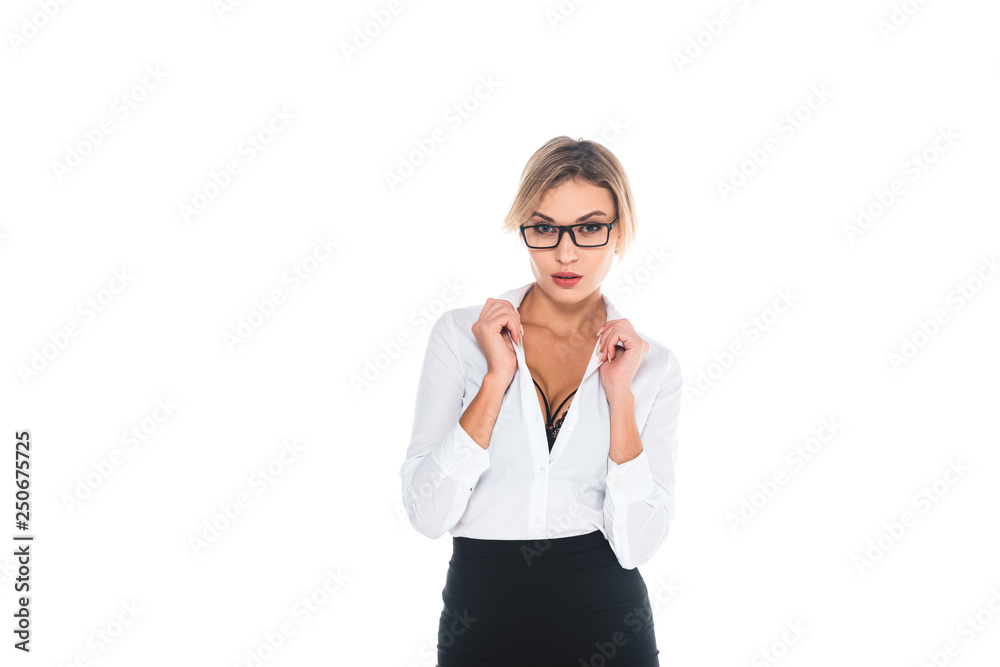 attractive blonde teacher in glasses and blouse with open neckline isolated on white attractive blonde teacher in glasses and blouse with open neckline isolated on white
