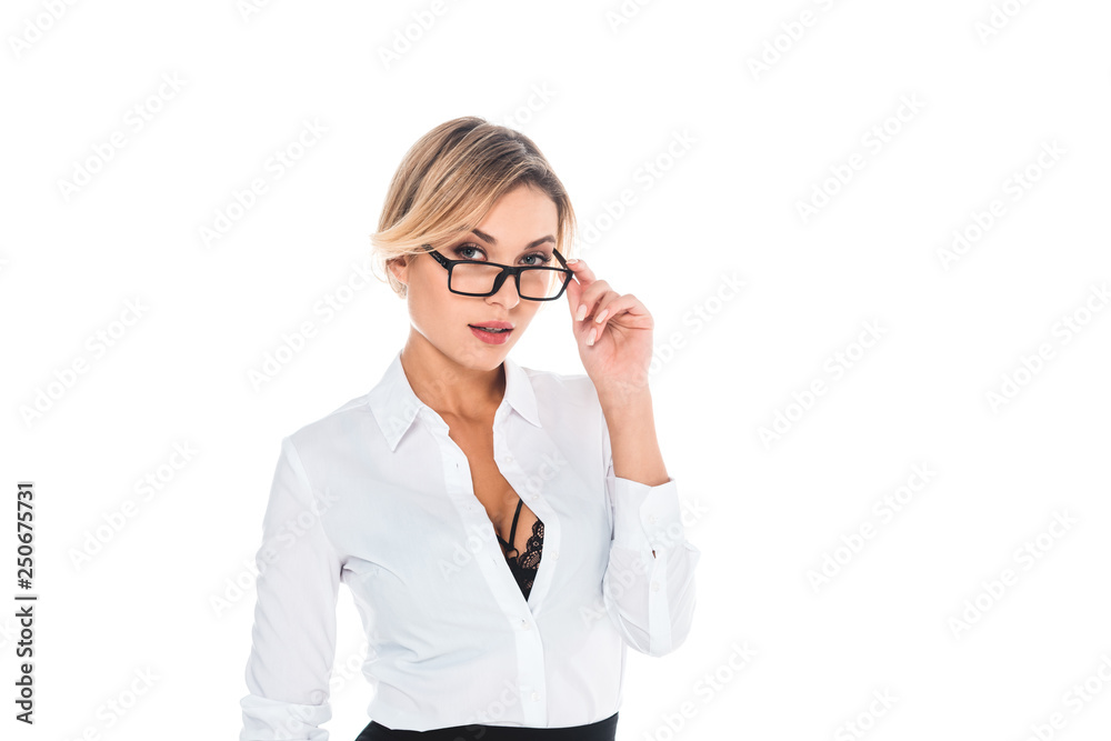 attractive blonde teacher in blouse with open neckline taking off glasses isolated on white