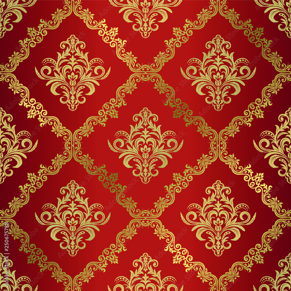 Seamless Vintage Pattern In Red Damask, Red And Gold Damask Shower Curtain
