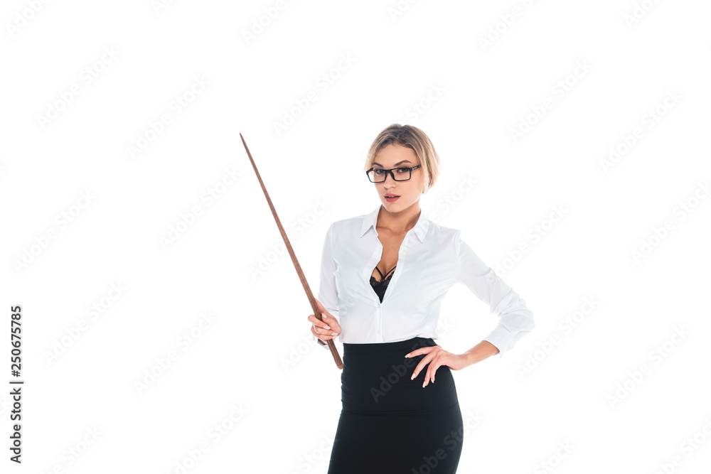 attractive blonde teacher in black skirt and blouse with pointer isolated  on white Photos | Adobe Stock