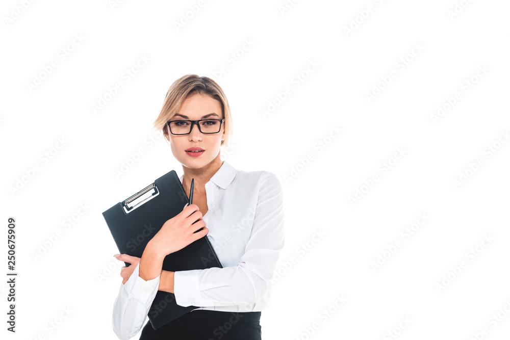 blonde teacher in blous, glasses with pen and clipboard isolated on white blonde teacher in blous, glasses with pen and clipboard isolated on white