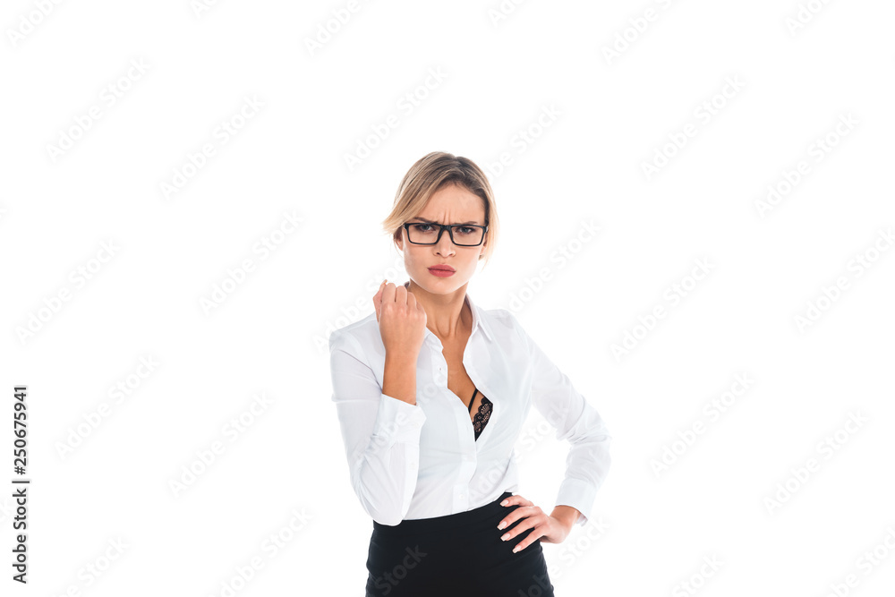 angry teacher in blous with open neckline, skirt and glasses isolated on white angry teacher in blous with open neckline, skirt and glasses isolated on white