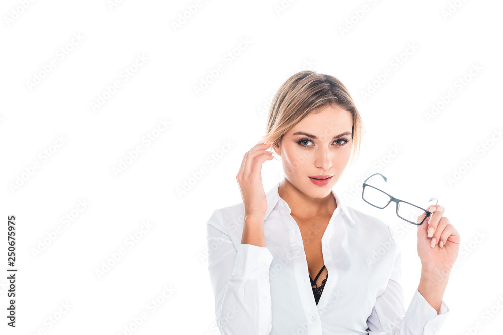 teacher in blous with open neckline taking off glasses isolated on white teacher in blous with open neckline taking off glasses isolated on white