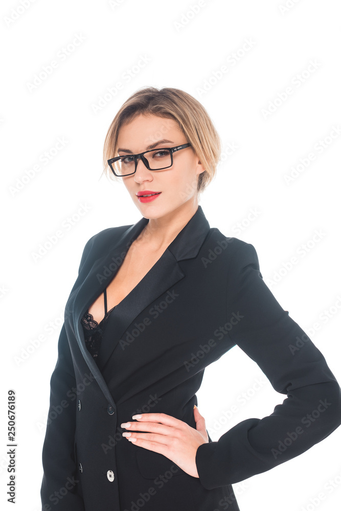 attractive businesswoman in black formal wear with open neckline and glasses isolated on white attractive businesswoman in black formal wear with open neckline and glasses isolated on white