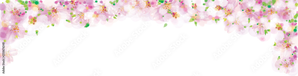 Vector pink, floral border, blossoming sakura tree, bokeh effect, isolated on white.