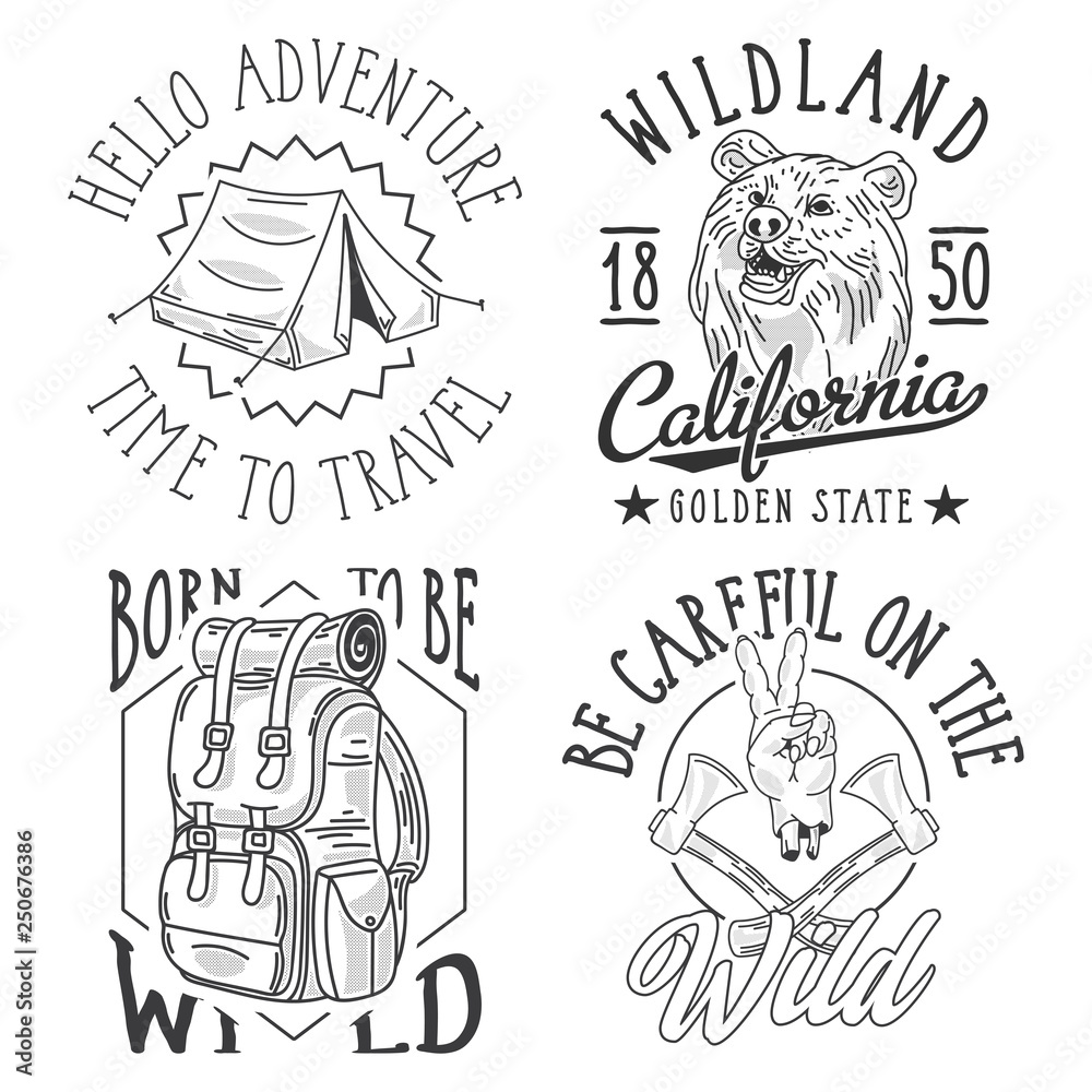 Adventure theme monochrome labels set with hand drawn illustrations of tourist tent, bear, backpack, axes. Isolated on white background.