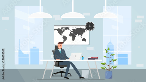 illustration of Business Man Working on Front his Laptop or Desktop. Happy Business man. Freelancer, Home Office Concept.