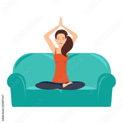 Yoga at home illustration with beautiful young girl sitting in a pose lotos on the couch and modern interior. Vector image isolated on white background. Hands above head in greeting. Namaste