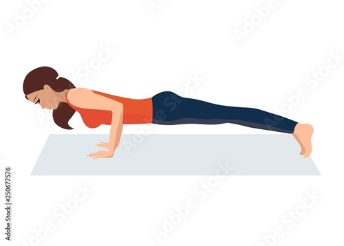 vector illustration of sporty bright beautiful young girl doing yoga in plank pose and meditation on the mat isolated on white background. A girl in an orange shirt and leggings with brown hair