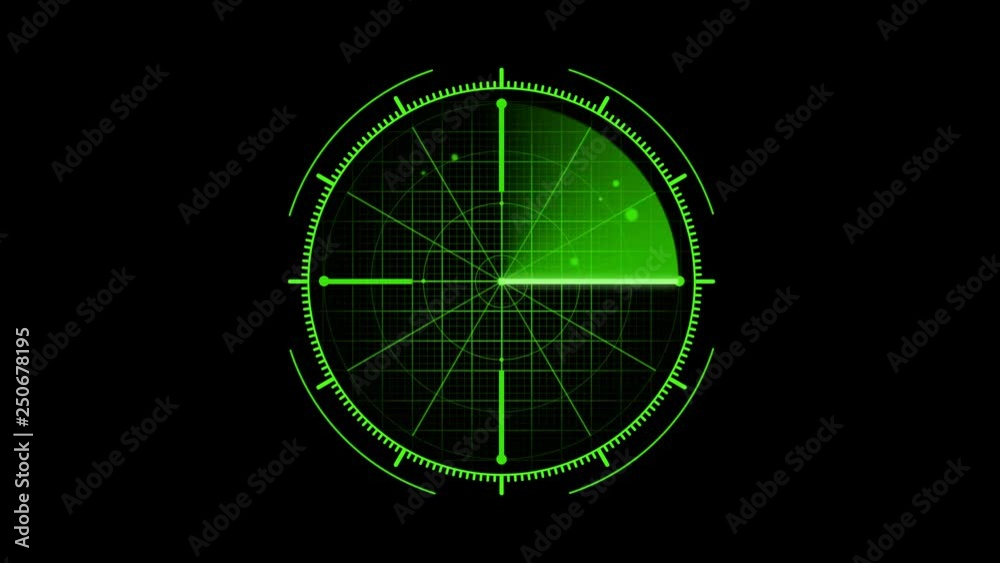 Radar loop with Alpha Matte, Digital green  radar with targets on monitor in searching. Air search . Military search system . Navigation interface . Navy sonar. Head up display