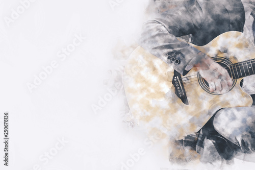 Abstract man playing acoustic guitar on watercolor illustration painting background. © Watercolor_Concept
