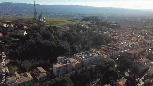 Aerial view of the Norman Swabian castle, Vibo Valentia, Calabria, Italy. Overview of the city seen from the sky, houses and roofs