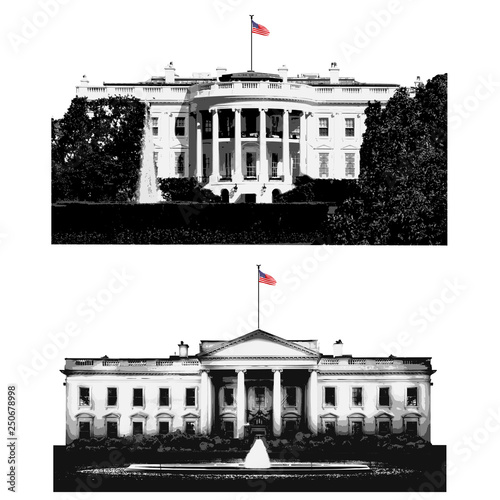 Symbole du pouvoir américain, la maison blanche, résidence du président des États Uni. Illustration montrant la façace et le côté jardin du célèbre monument de washington