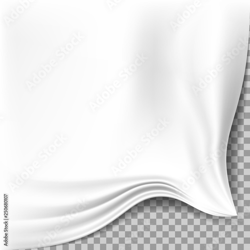 Ajar first layer of the picture, a blank copy space with folded corner, bed linen folded corner template, ajar curtain with empty foreground, sheet scrolling effect