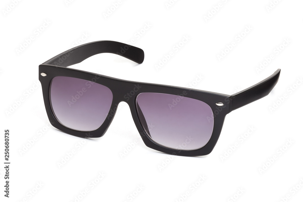 Stylish unisex sunglasses on a white background. In half a turn.