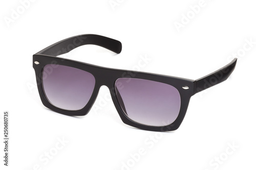 Stylish unisex sunglasses on a white background. In half a turn.