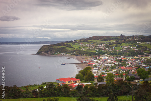 Panoramic of the Achao village, Quinchao island, Chiloe archipelago, located in the Los Lagos Region, Chile photo
