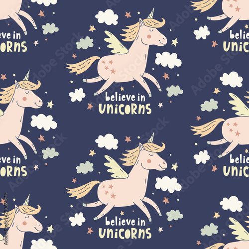 Hand drawn unicorn cute seamless repeating pattern