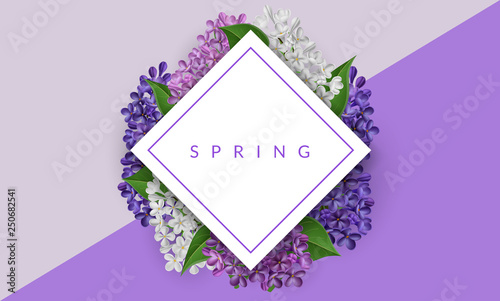 Horizontal banner with geometric rhombus frame, white, pink and purple lilac flower and green leaf. Vector illustration with realistic plant, for spring or Easter design template
