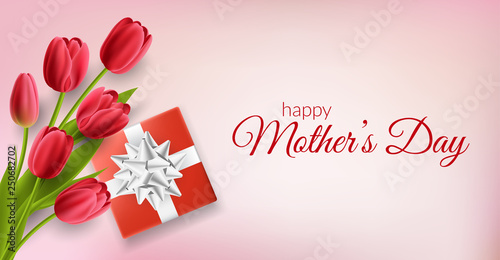 Mother's day horizontal banner with red gift box with bow and red tulip flower bouquet from top. Vector illustration on pink background, for spring and Easter design template