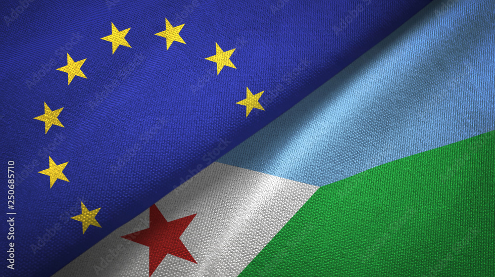 European Union and Djibouti two flags textile cloth, fabric texture European Union and Djibouti two flags textile cloth, fabric texture