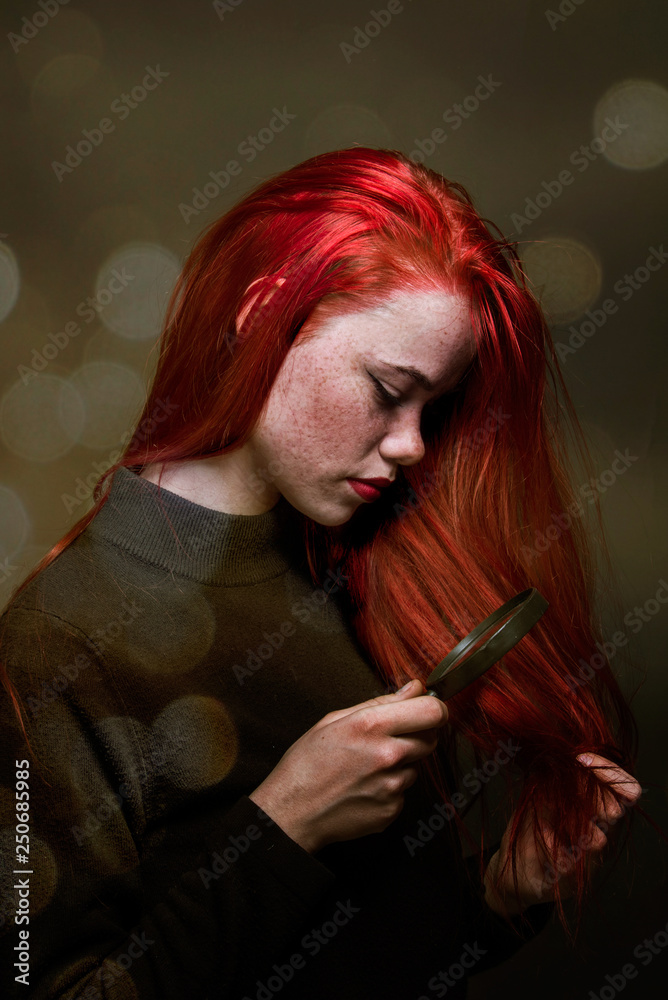 long colored red hair girl with damaged hair unhappy dry and iron burning  smoke cut bad hair concept Stock Photo | Adobe Stock