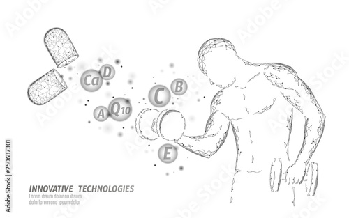 Dietary supplement vitamin bodybuilding capsule. Fitness shape drug medicine science chemistry innovation technology polygonal 3D render. Muscle power increase dumbbell vector illustration