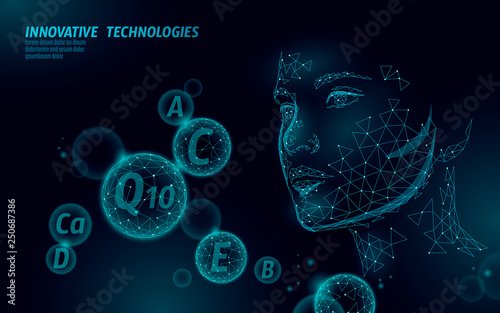 Healthy skin vitamin complex low poly sphere bubble. Health supplement female face anti-aging beauty cosmetics banner template. 3D coenzyme Q10, C, E. Medicine science vector illustration