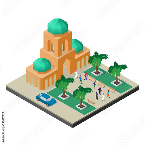 Cityscape in isometric view. Temple, alley with trees, benches, car and people.