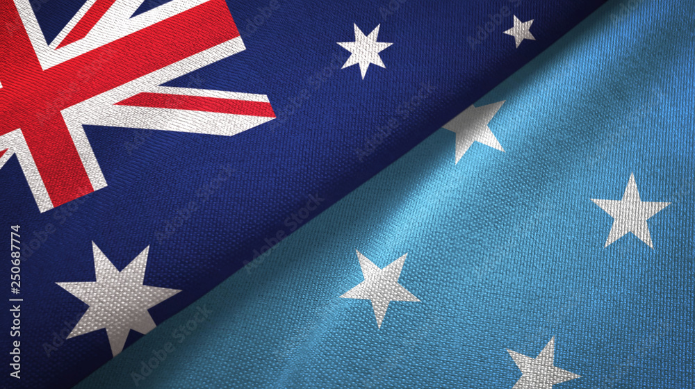 Fototapeta premium Australia and Micronesia two flags textile cloth, fabric texture