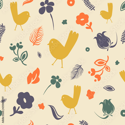 Fototapeta Naklejka Na Ścianę i Meble -  Cute vector seamless pattern. Colorful botanical elements - flowers, birds, leaves - isolated on yellow background. Unique abstract texture for invitations, cards, websites, wrapping paper, textile