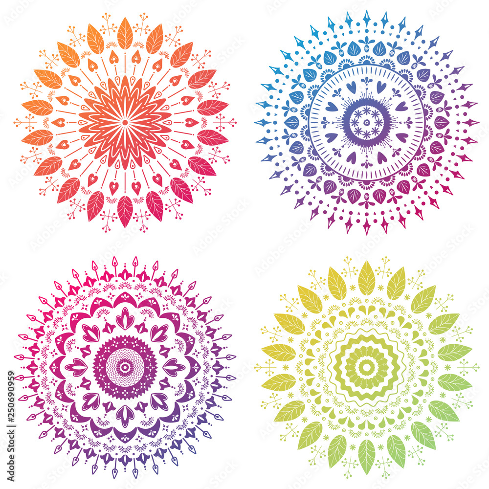 Colorful gradient floral mandala illustration. Abstract isolated flowers set.