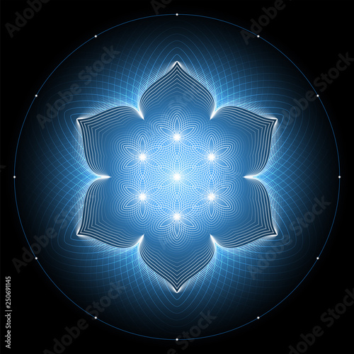 Fantastic sacred geometry; Shiny ancient symbol "flower of life" on black background; Psychedelic vector illustration.