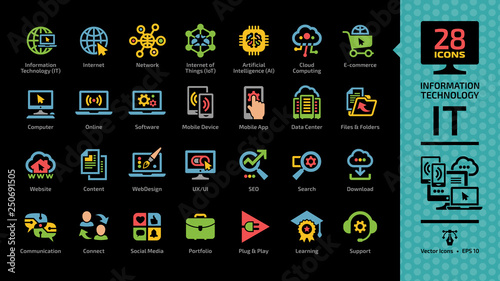 Information technology color glyph icon set on a black background with IT network communication computer tech system, internet of things, artificial intelligence, cloud computing, e-commerce pictogram