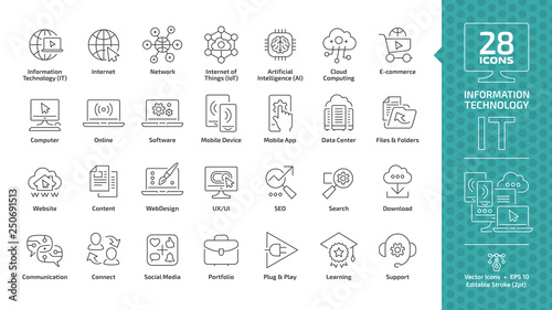 Information technology editable stroke outline icon set with IT network system, communication, online computer, website content, web design, software, data center, mobile device and app thin line sign photo