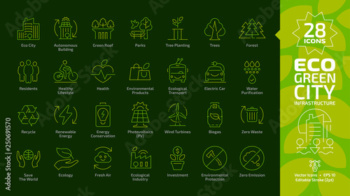 Eco green city editable stroke color line icon set on a dark background with environment ecology town infrastructure, renewable solar and wind electric energy and recycle technology outline symbols.