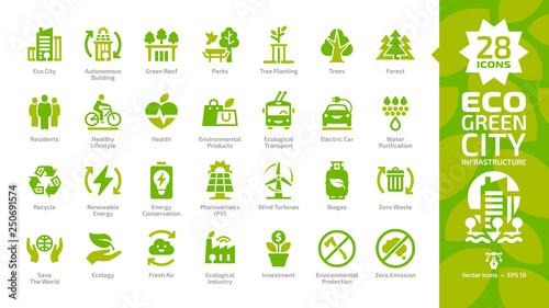 Eco green city color glyph icon set with parks, trees, health, electric car, water purification, recycle, renewable energy, photovoltaics, wind turbines, biogas, fresh air and zero waste pictogram.