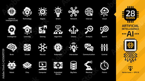 Vector artificial intelligence white glyph icon set on a black background with machine learning, smart robotic and cloud computing network digital AI technology.