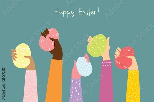 Vector illustration of hands up with the eggs. Easter street event, festival and fair banner, poster design in the flat style 