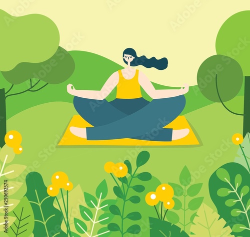 Vector illustration with girl in yoga lotus pose practices meditation on nature, forest with green landscape veiw in the flat design.
