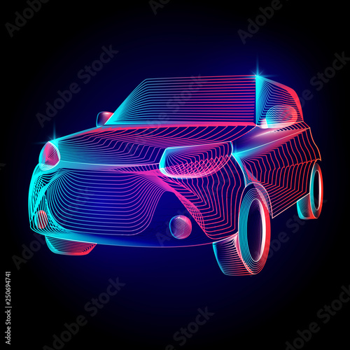 Vector car or automobile vehicle contour silhouette with abstract 3d shapes geometry lines texture and outline gradient waves vintage modern trendy art graphic design illustration on dark background