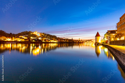river inn view at Passau in Bavaria with reflection of promenade by night © travelview