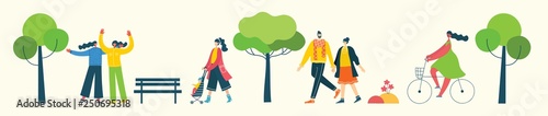 Vector background with different people, couple doing activities, walking and have a rest outdoor in the flat style 
