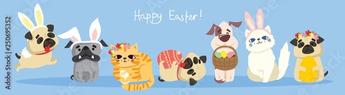 Vector card with cute dogs and cat with rabbit ears, spring fpower, egg and hand drawn text - Happy Easter in the flat style