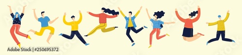 Concept of group of young people jumping on light background. Stylish modern vector illustration with happy male and female teenagers enjoying the life 
